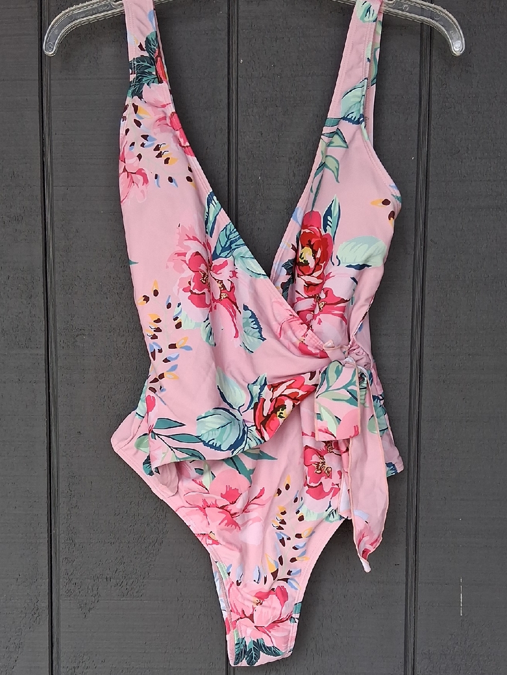SHEIN Light Pink Floral One-Piece Swimsuit with Side Tie Detail